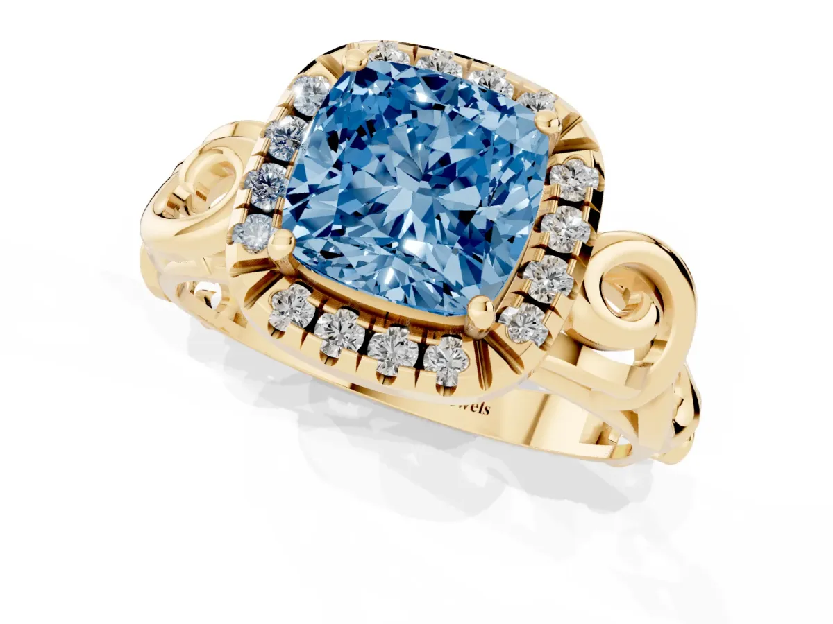 Fancy Blue Cushion Cut Cut Halo Diamond Ring with Scrollwork Band and Four-Prong Setting Yellow gold
