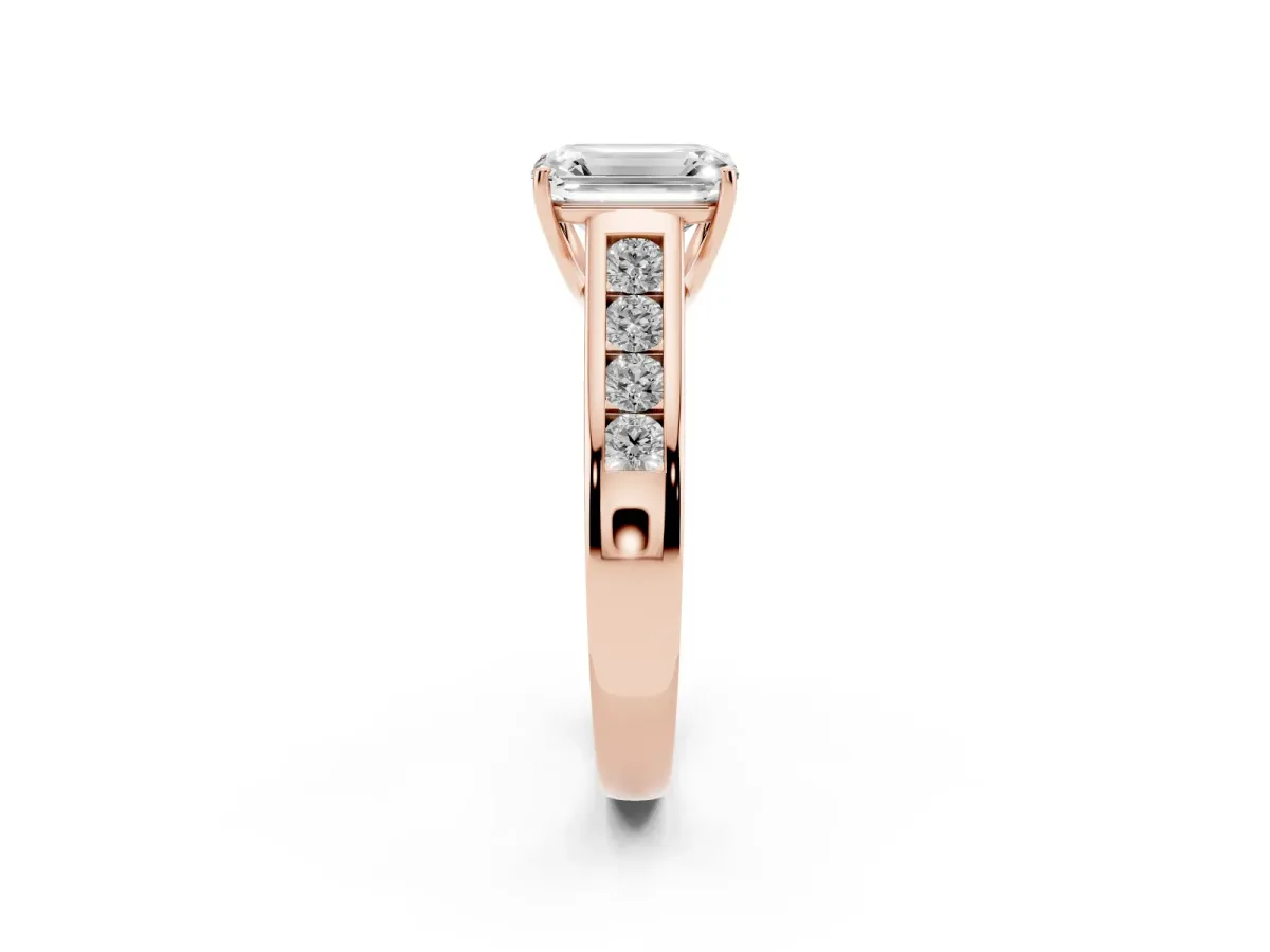 Emerald Cut Brilliant Channel-Set Solitaire Ring with Four-Prong Setting Rose gold