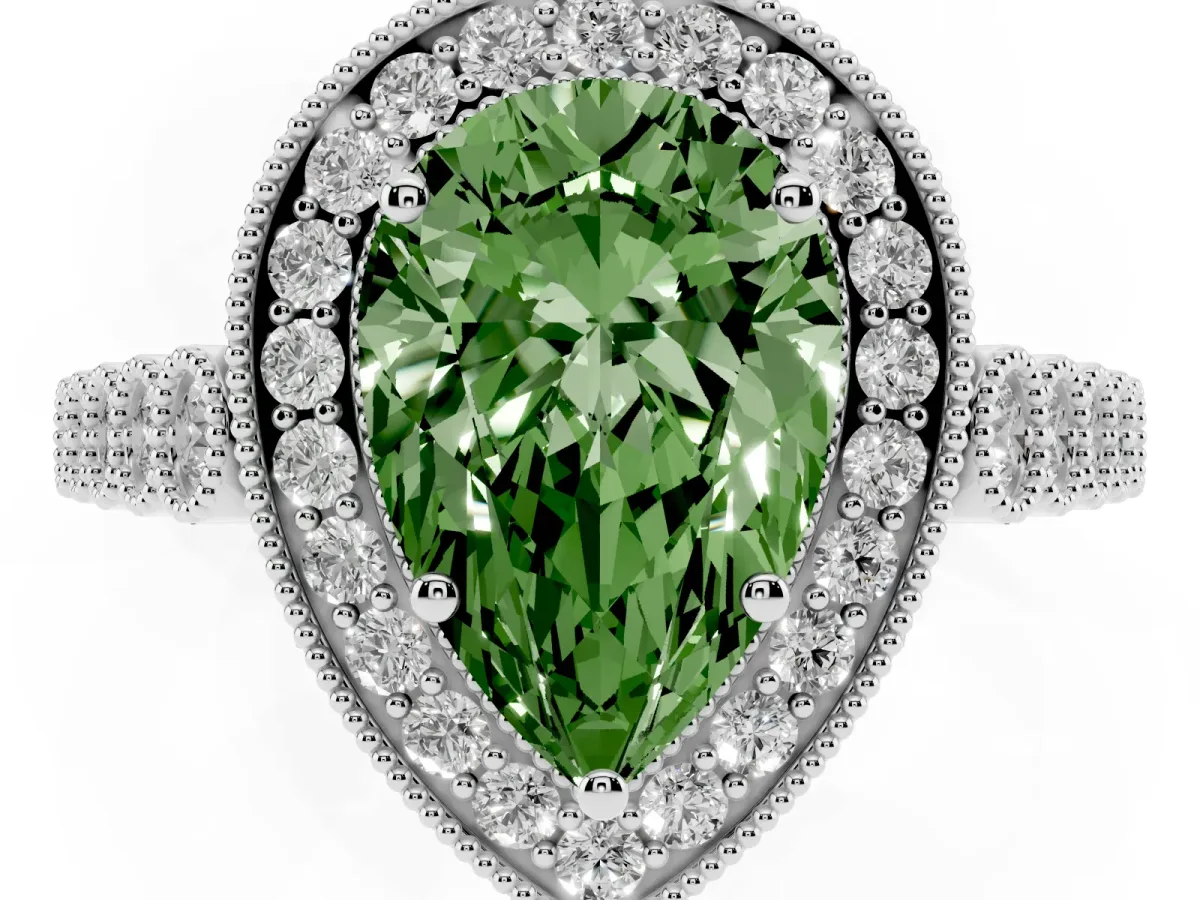 Fancy Green Pear Cut Halo Milgrain Solitaire with Bezel Set Side Stones and Pave Band Silver
