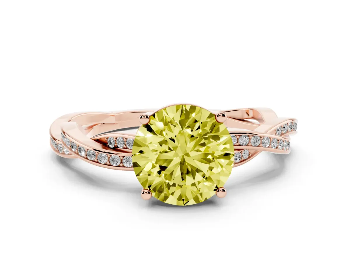 Fancy Yellow Round Cut Solitaire Twisted Pave Diamond Ring with Four-Prong Setting Rose gold
