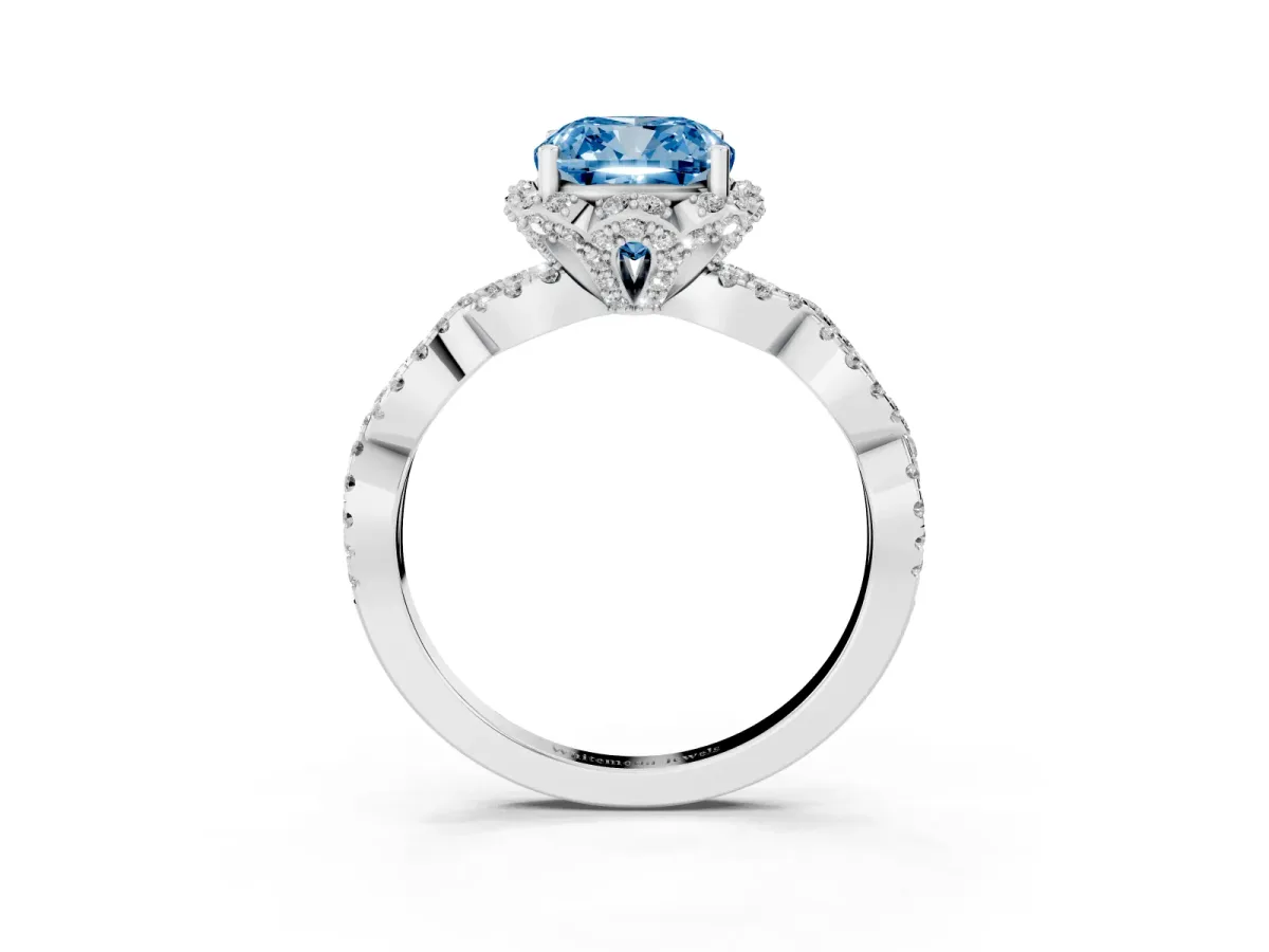 Fancy Blue Cushion Cut Halo Twist Band Solitaire Ring with Six-Prong Setting Silver