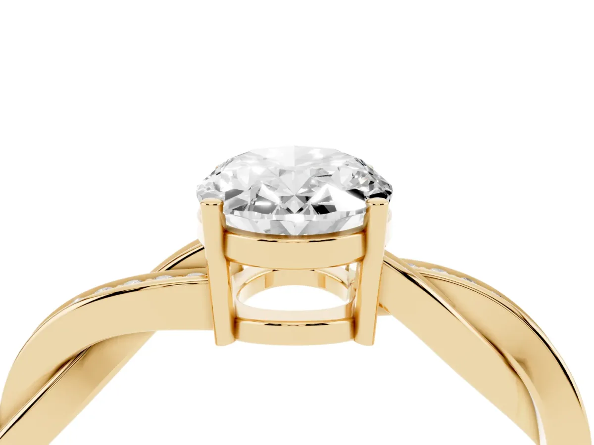 Oval Cut Solitaire Twisted Pave Diamond Ring with Four-Prong Setting Yellow gold