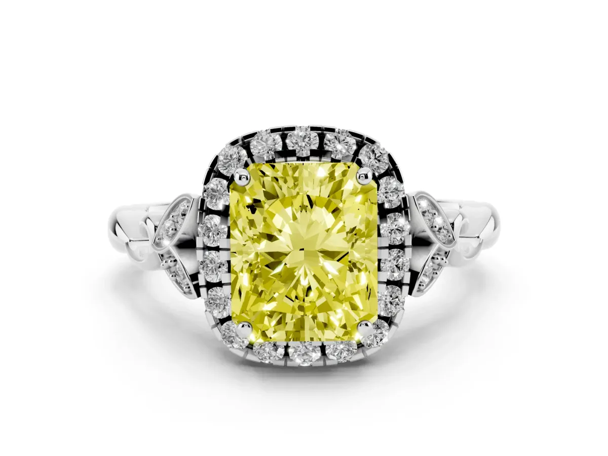 Fancy Yellow Radiant Cut Halo Diamond Engagement Ring with Vintage-Inspired Band and Four-Prong Setting White gold
