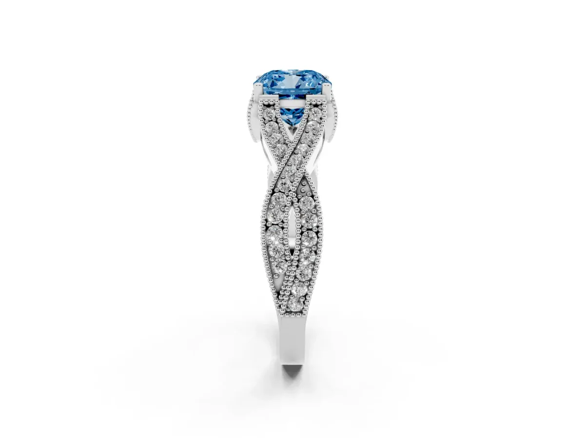 Fancy Blue Cushion Cut Cut Diamond Twisted Band with Milgrain Pave Setting and Four-Prong Setting Silver