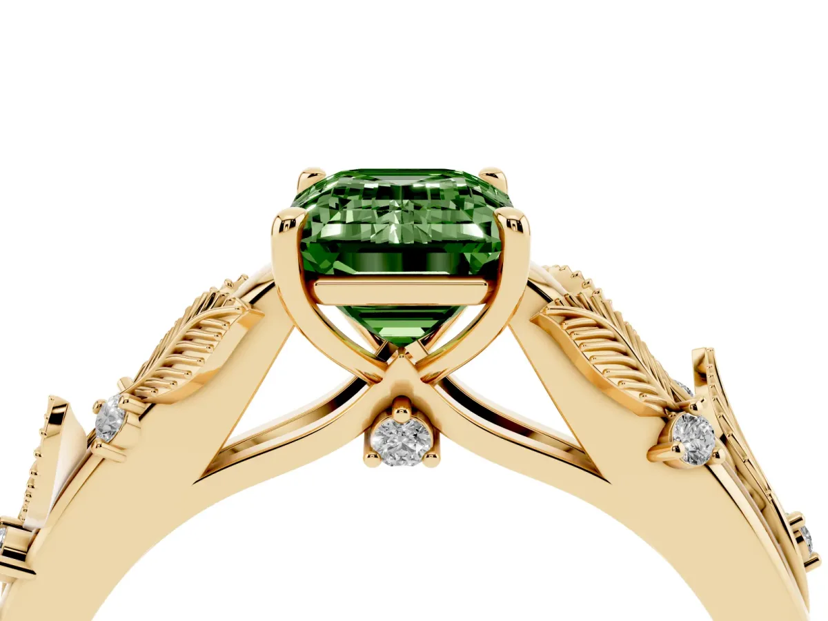 Fancy Green Emerald Cut Diamond Solitaire Ring with Leaf Motif Band and Four-Prong Setting Yellow gold