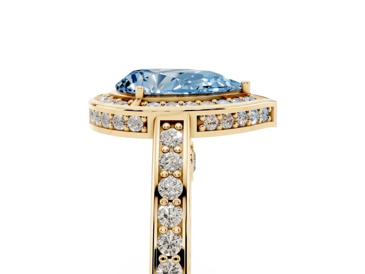 Fancy Blue Pear Cut Cut Halo Pave Split Shank Prong Setting Ring Yellow gold