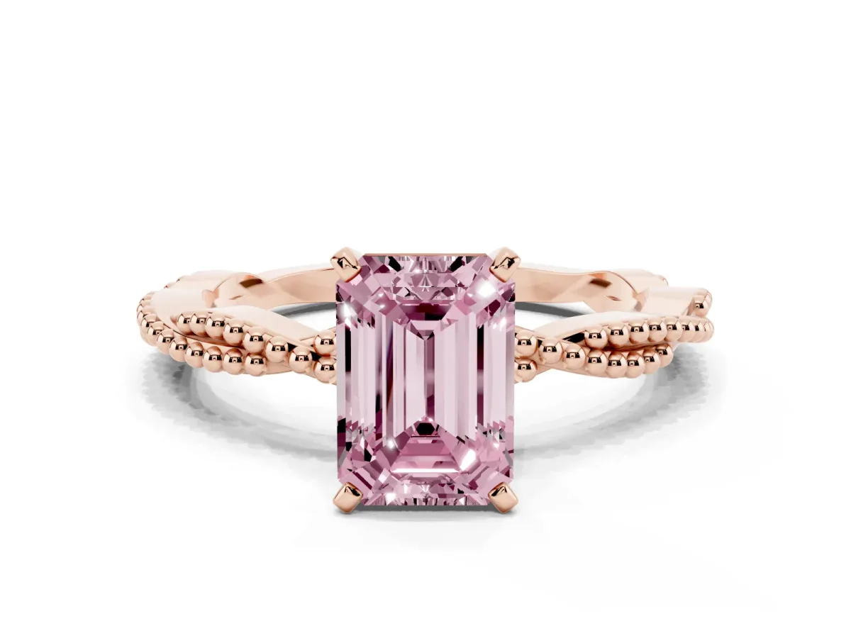 Fancy Pink Emerald Cut Solitaire Twisted Band with Bead Prong Setting Rose gold