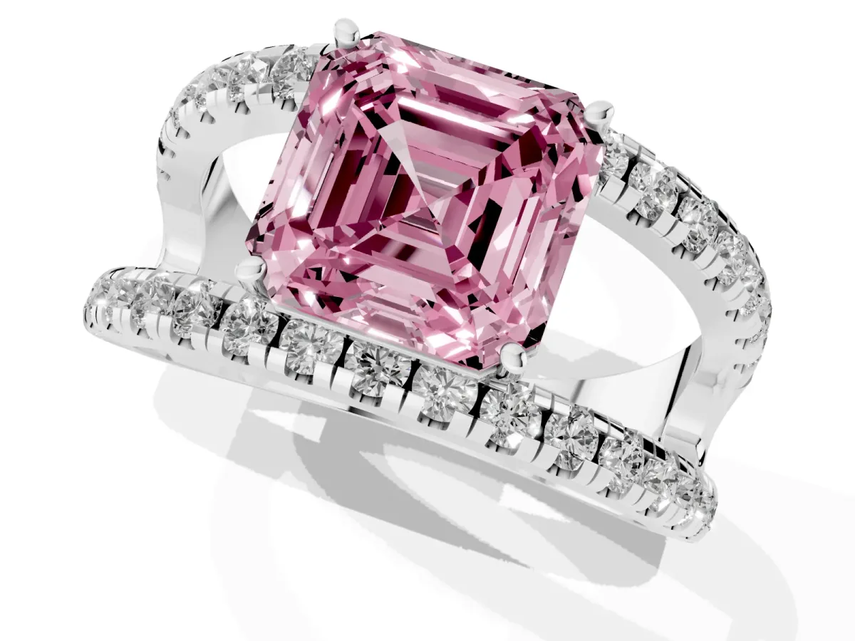 Fancy Pink Asscher Cut Solitaire Split Shank Pave Diamond Ring Platinum