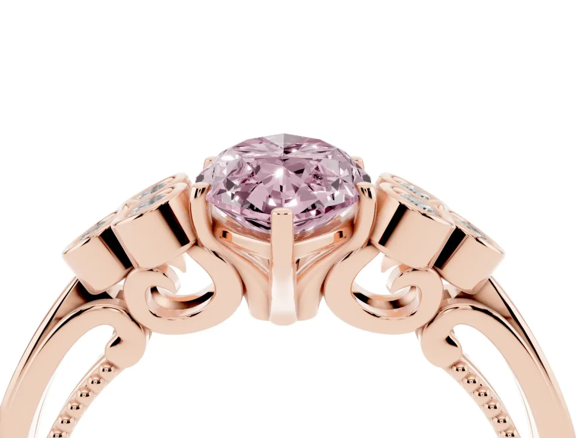 Fancy Pink Marquise Cut Cut Diamond Engagement Ring with Bezel Set Round Side Stones and Prong Setting Rose gold