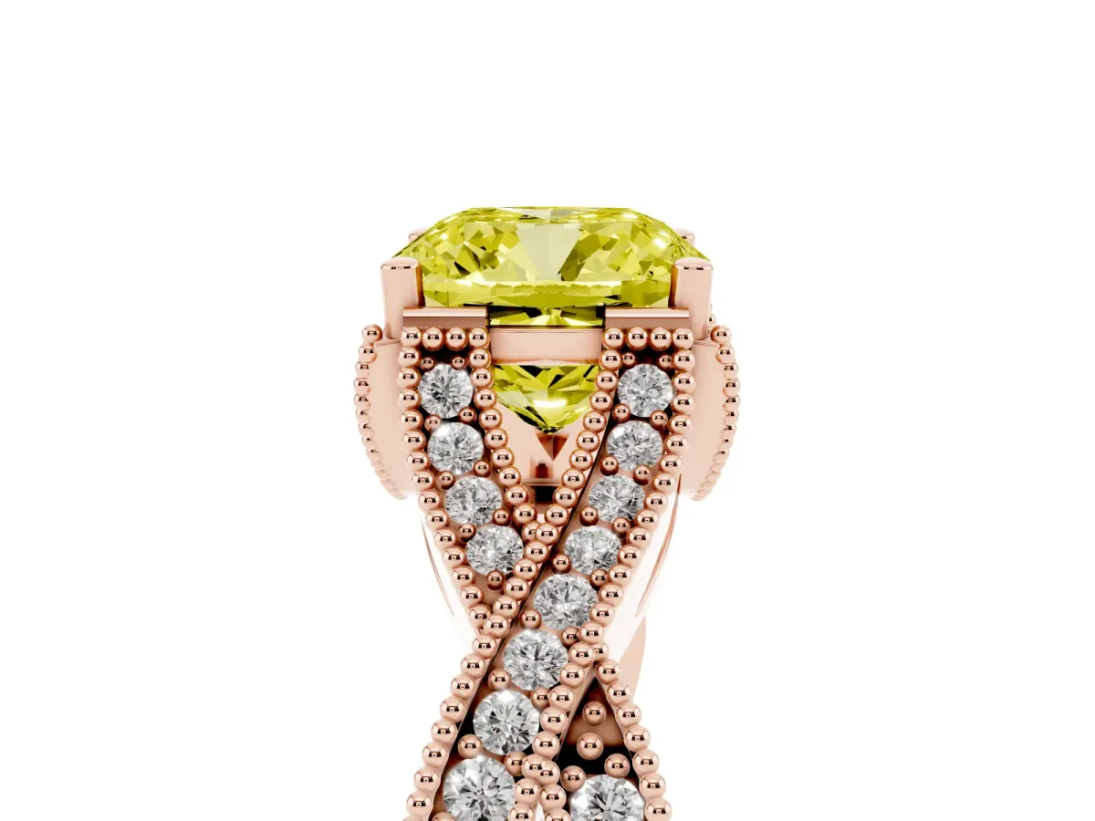 Fancy Yellow Cushion Cut Cut Diamond Twisted Band with Milgrain Pave Setting and Four-Prong Setting Rose gold