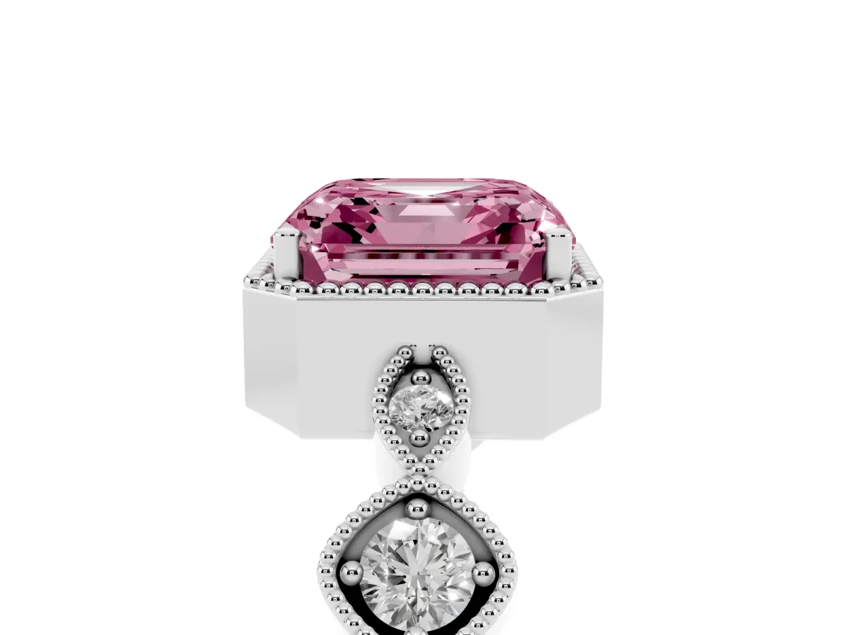 Fancy Pink Asscher Cut Diamond Vintage Milgrain Ring with Round Stations Platinum