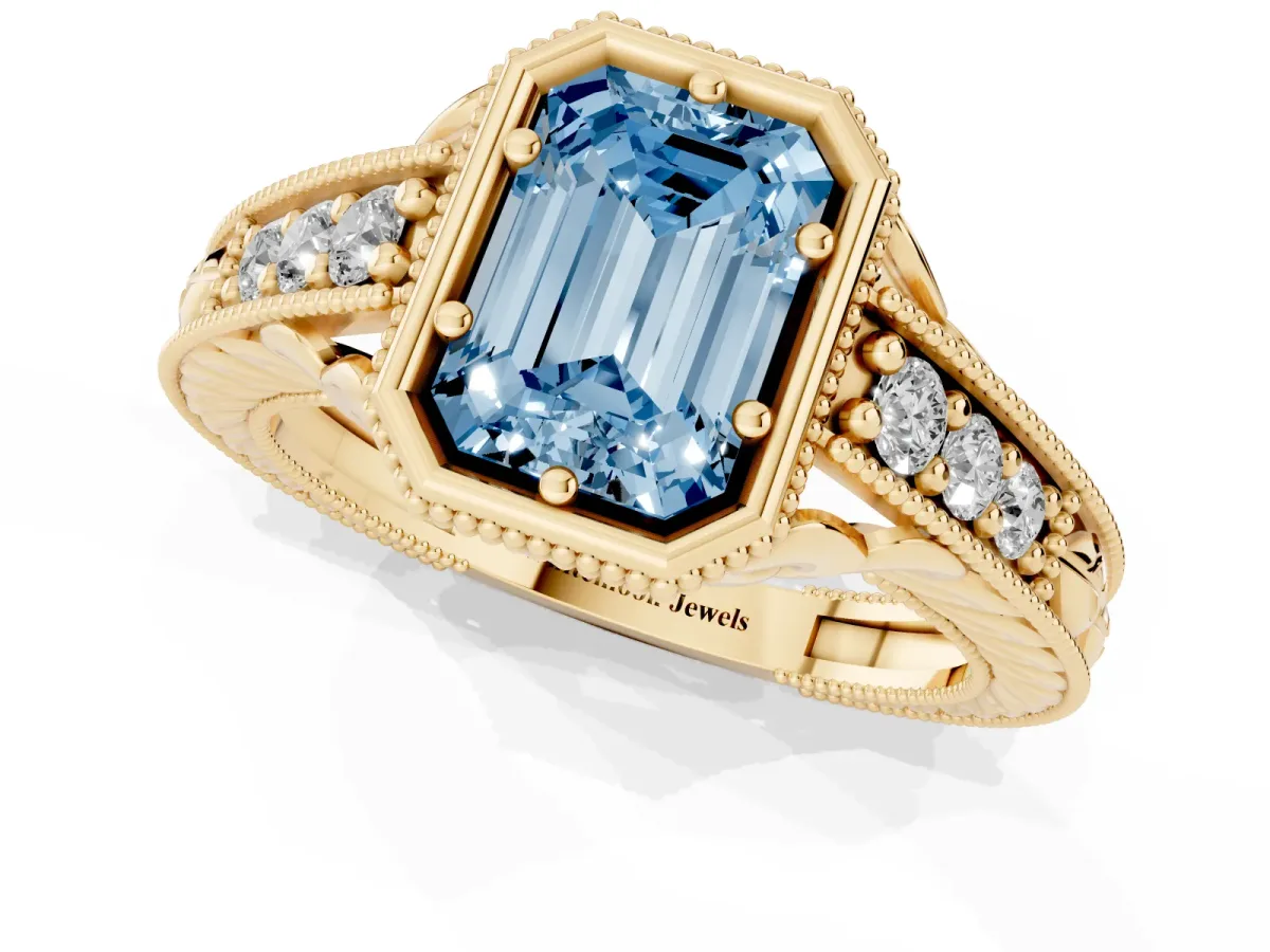 Fancy Blue Bezel Set Emerald Cut Diamond Milgrain Pave Engagement Ring Yellow gold