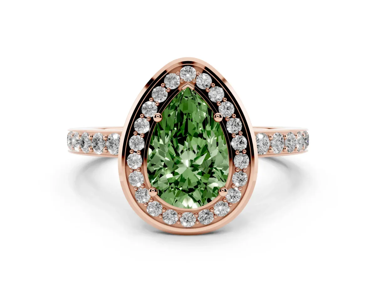 Fancy Green Pear Cut Diamond Halo Ring with Bezel Frame and Pavé Band Rose gold