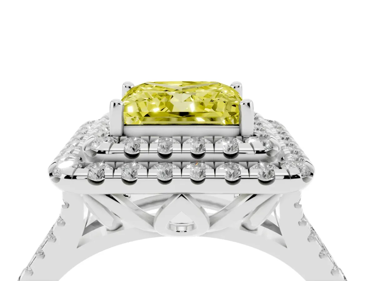 Fancy Yellow Double Halo Princess Cut Diamond Pavé Split Shank Ring with Prong Setting Silver
