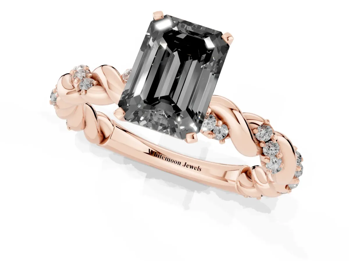 Fancy Black Emerald Cut Diamond Solitaire Ring with Twisted Band and Pavé Accents Rose gold