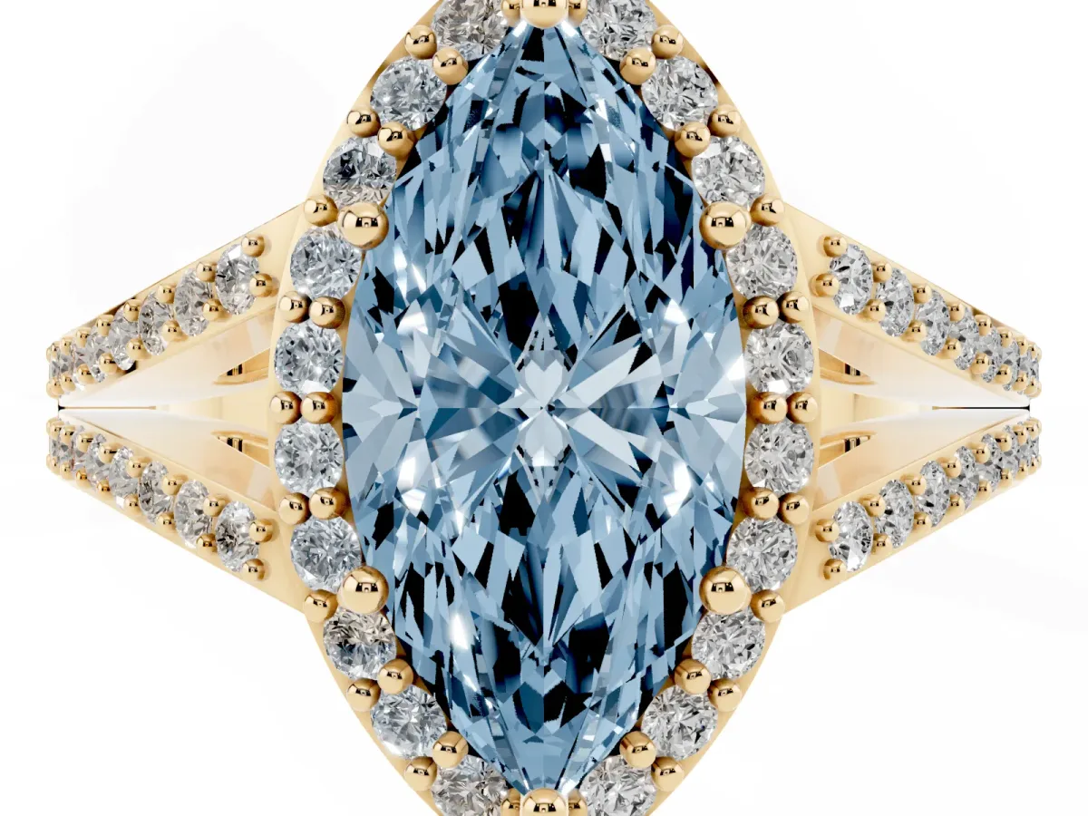 Fancy Blue Marquise Cut Halo Split Shank Pave Diamond Ring with Four-Prong Setting Yellow gold