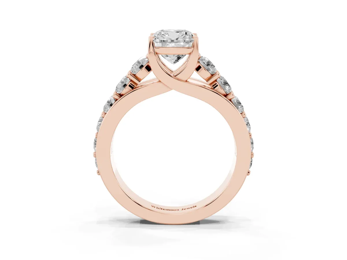 Cushion Cut Diamond Engagement Ring with Pavé Band and Four-Prong Setting Rose gold