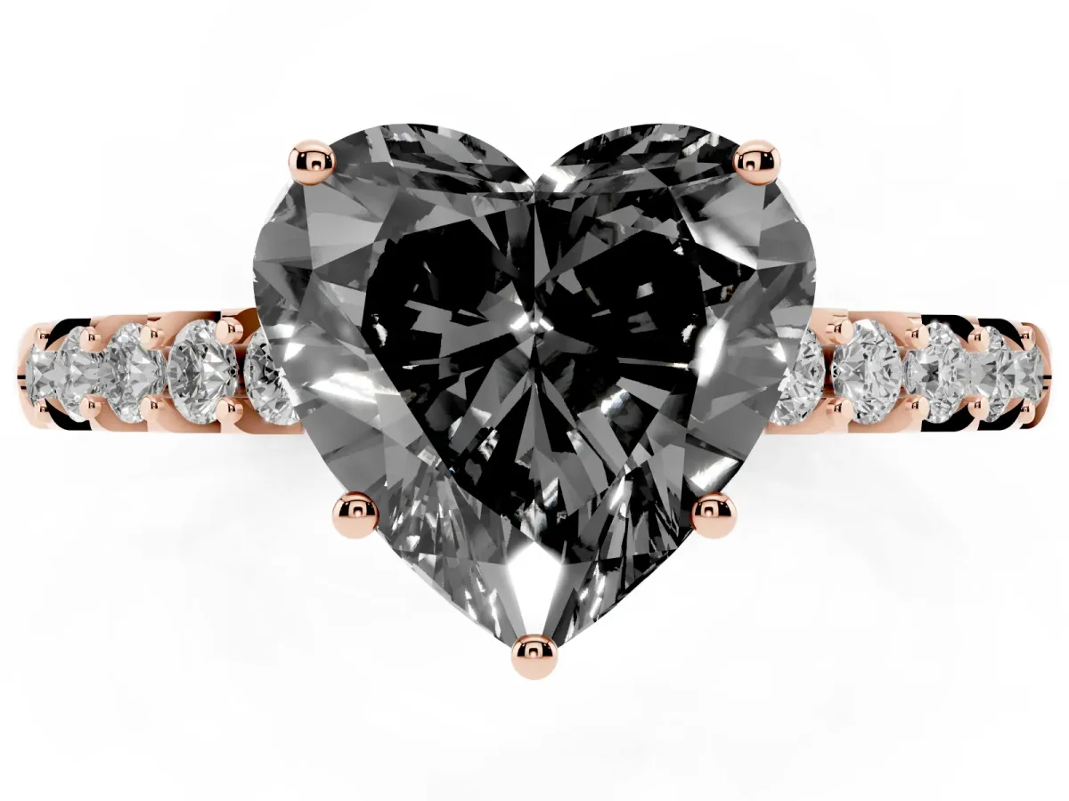 Fancy Black Heart Cut Solitaire Diamond Engagement Ring with Pavé Band and Six-Prong Setting Rose gold