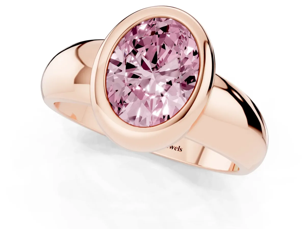 Fancy Pink Bezel Set Oval Cut Solitaire Ring with Wide Band Rose gold