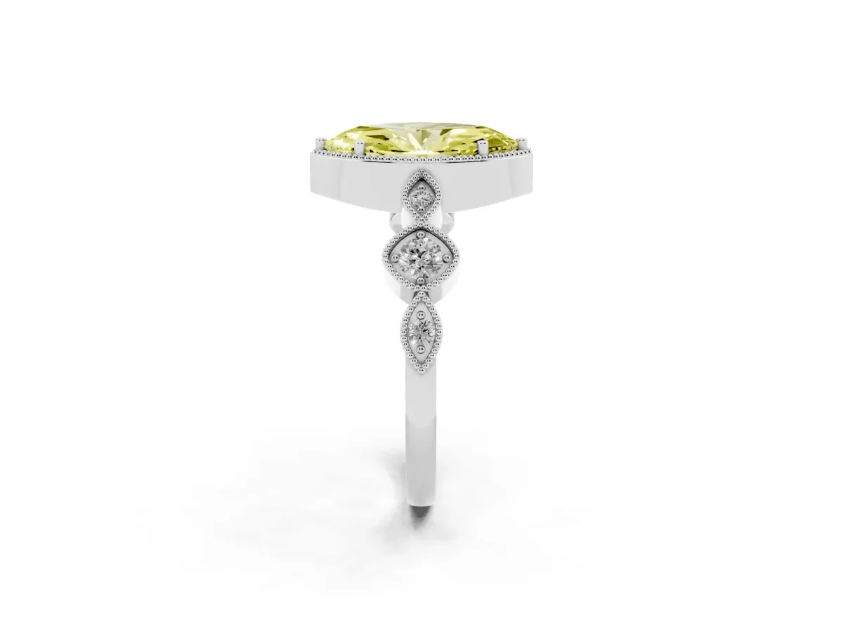 Fancy Yellow Marquise Cut Diamond Vintage Milgrain Ring with Round Stations Silver