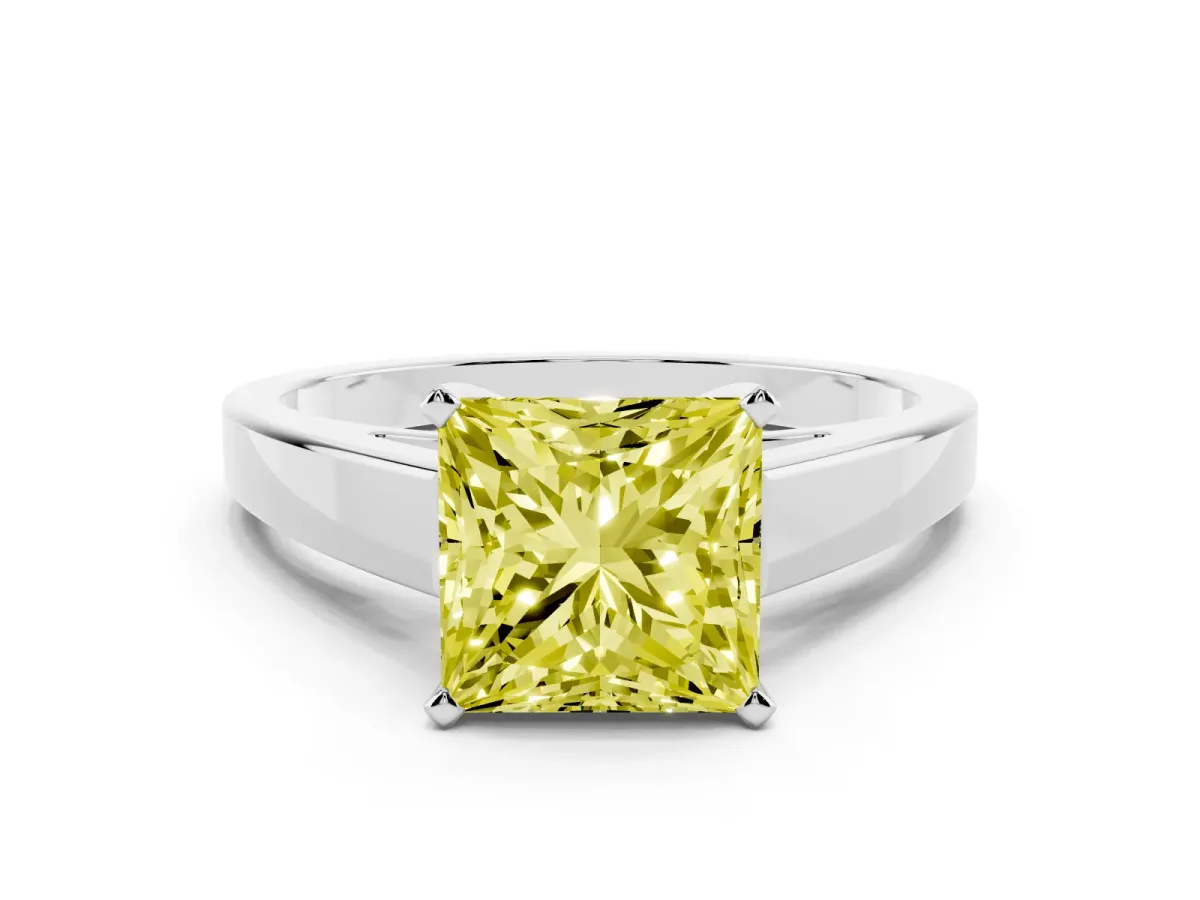 Fancy Yellow Princess Cut Solitaire Engagement Ring with Four-Prong Setting and Tapered Band Platinum