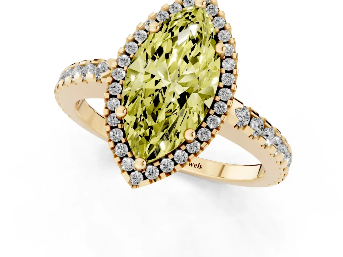 Fancy Yellow Marquise Cut Diamond Halo Engagement Ring with Pavé Band and Prong Setting Yellow gold