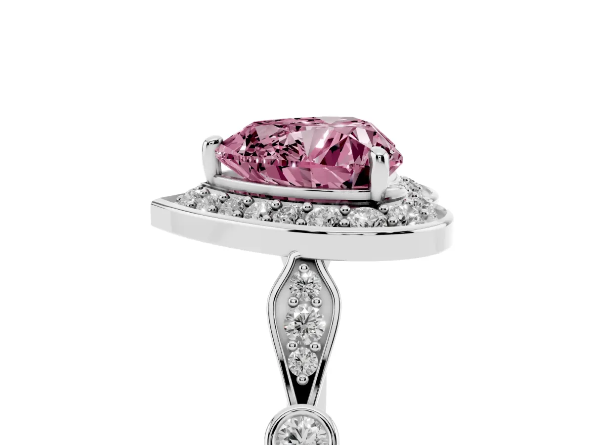 Fancy Pink Heart Cut Halo Diamond Engagement Ring with Twisted Band and Four-Prong Setting White gold