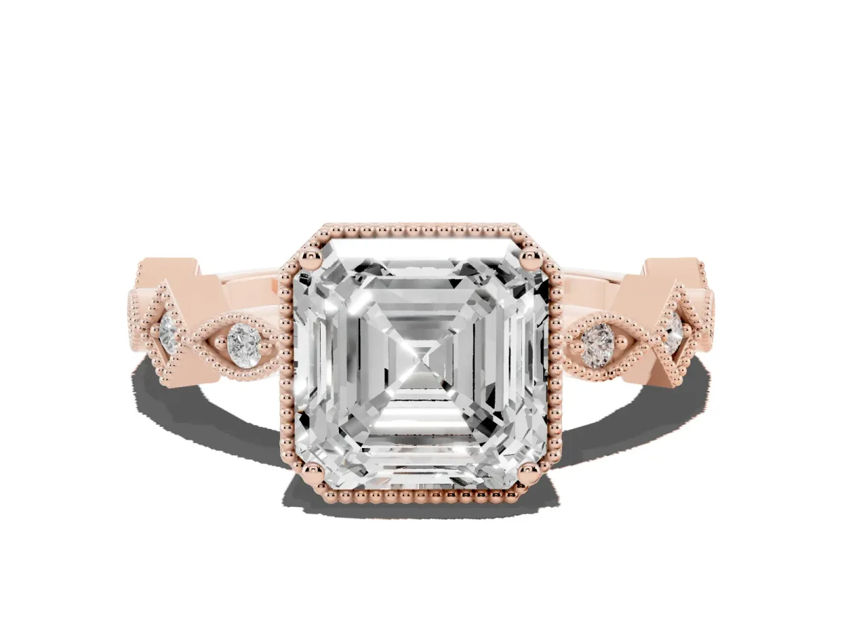 Asscher Cut Milgrain Marquise Diamond Twist Band Ring Rose gold