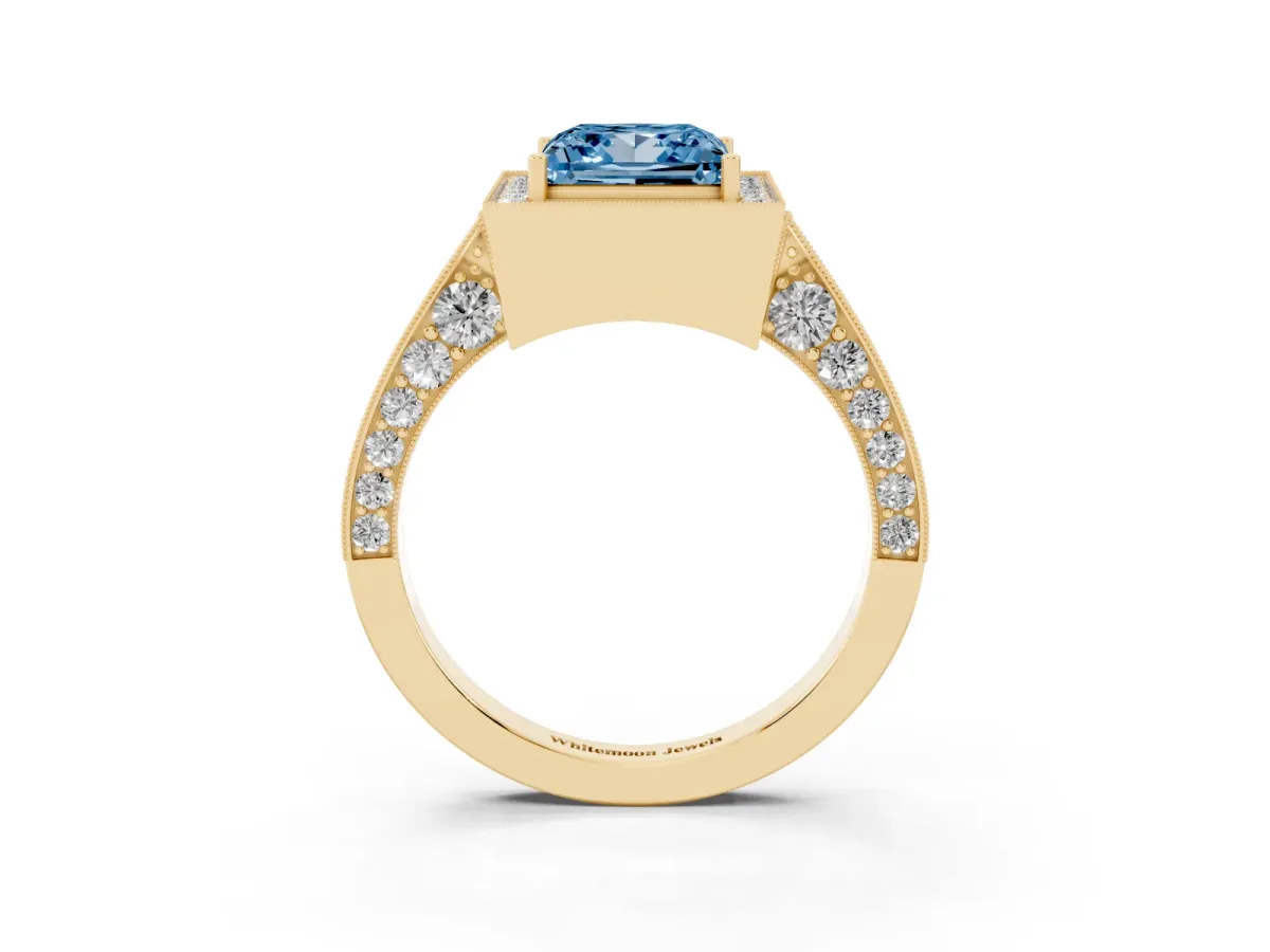 Fancy Blue Princess Cut Halo Diamond Engagement Ring with Split Shank Band and Four-Prong Setting Yellow gold