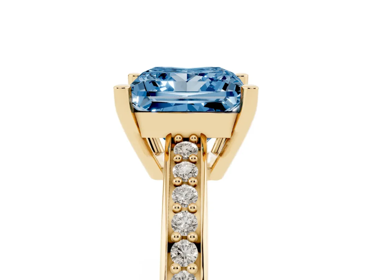 Fancy Blue Princess Cut Solitaire Pavé Band Prong Setting Ring Yellow gold