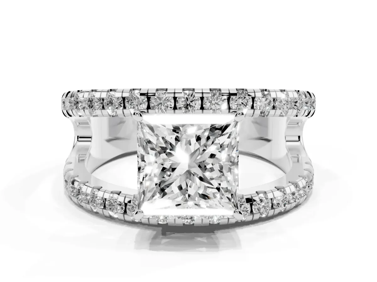 Princess Cut Solitaire Split Shank Pave Diamond Ring Platinum