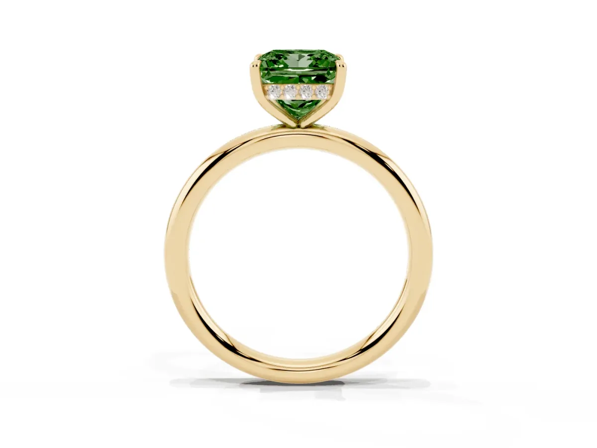 Fancy Green Princess Cut Diamond Solitaire Ring with Thin Band and Four-Prong Setting Yellow gold