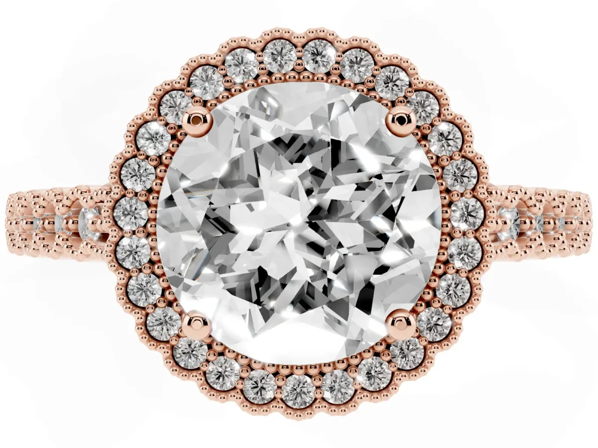 Round Cut Cut Halo Pavé Solitaire Ring with Milgrain Band Rose gold