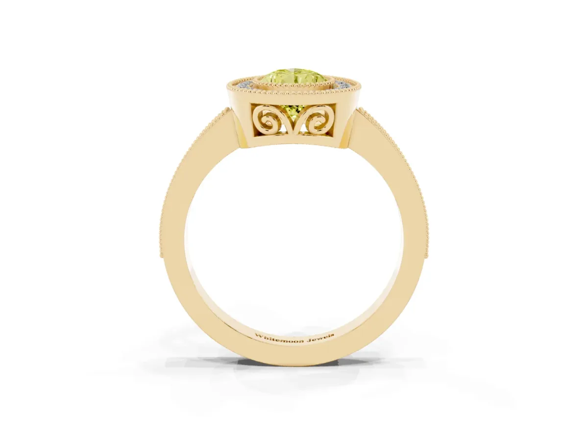 Fancy Yellow Pear Cut Cut Halo Diamond Ring with Pavé Band and Milgrain Prong Setting Yellow gold