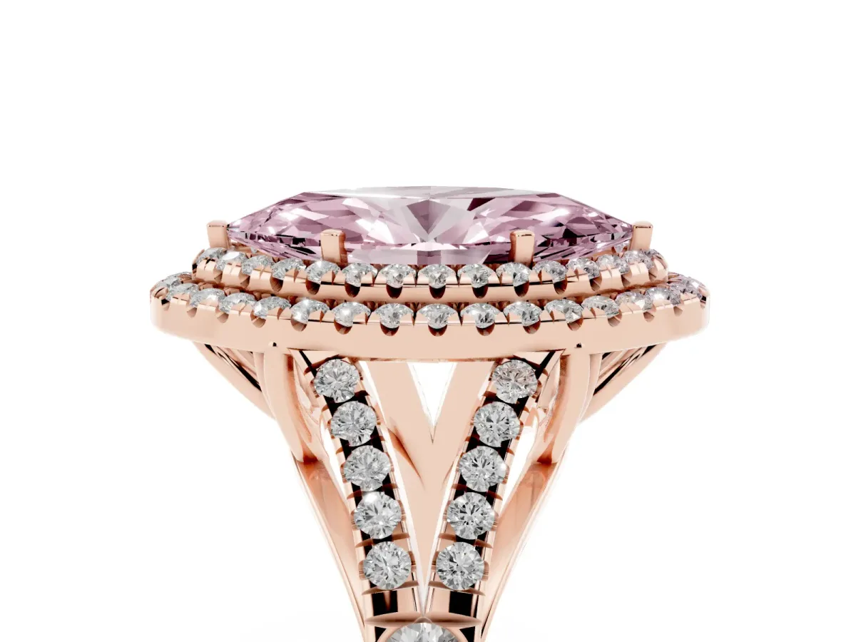 Fancy Pink Double Halo Marquise Cut Diamond Split Shank Engagement Ring with Four-Prong Setting Rose gold