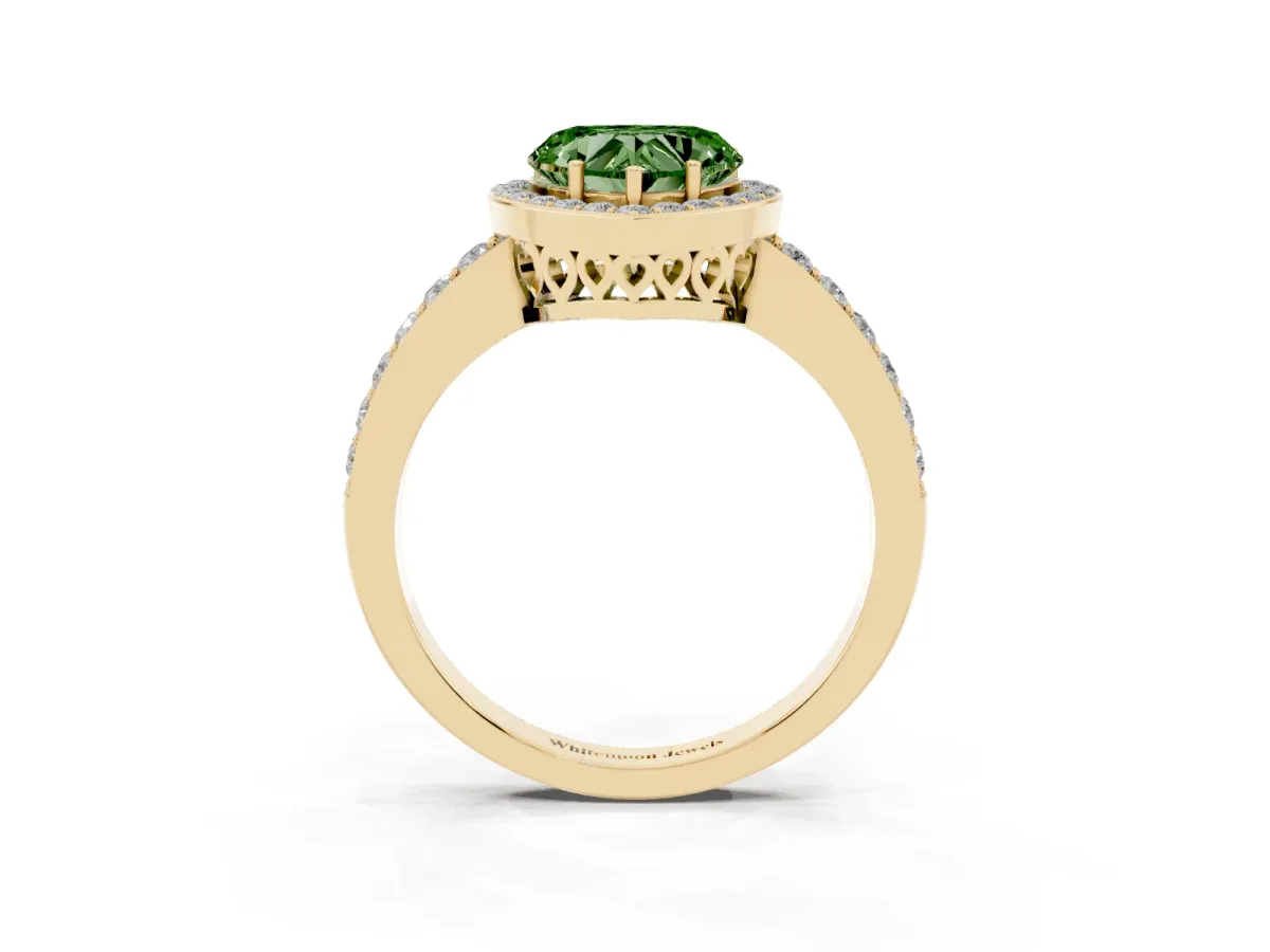 Fancy Green Heart Cut Halo Diamond Pavé Band Ring with Prong Setting Yellow gold
