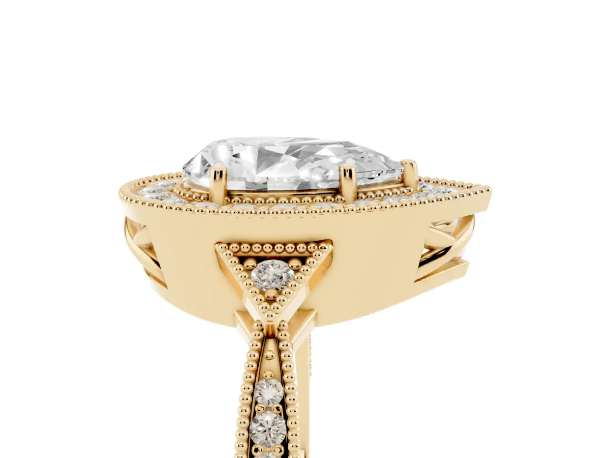 Pear Cut Halo Round Diamond Milgrain Pave Engagement Ring Yellow gold