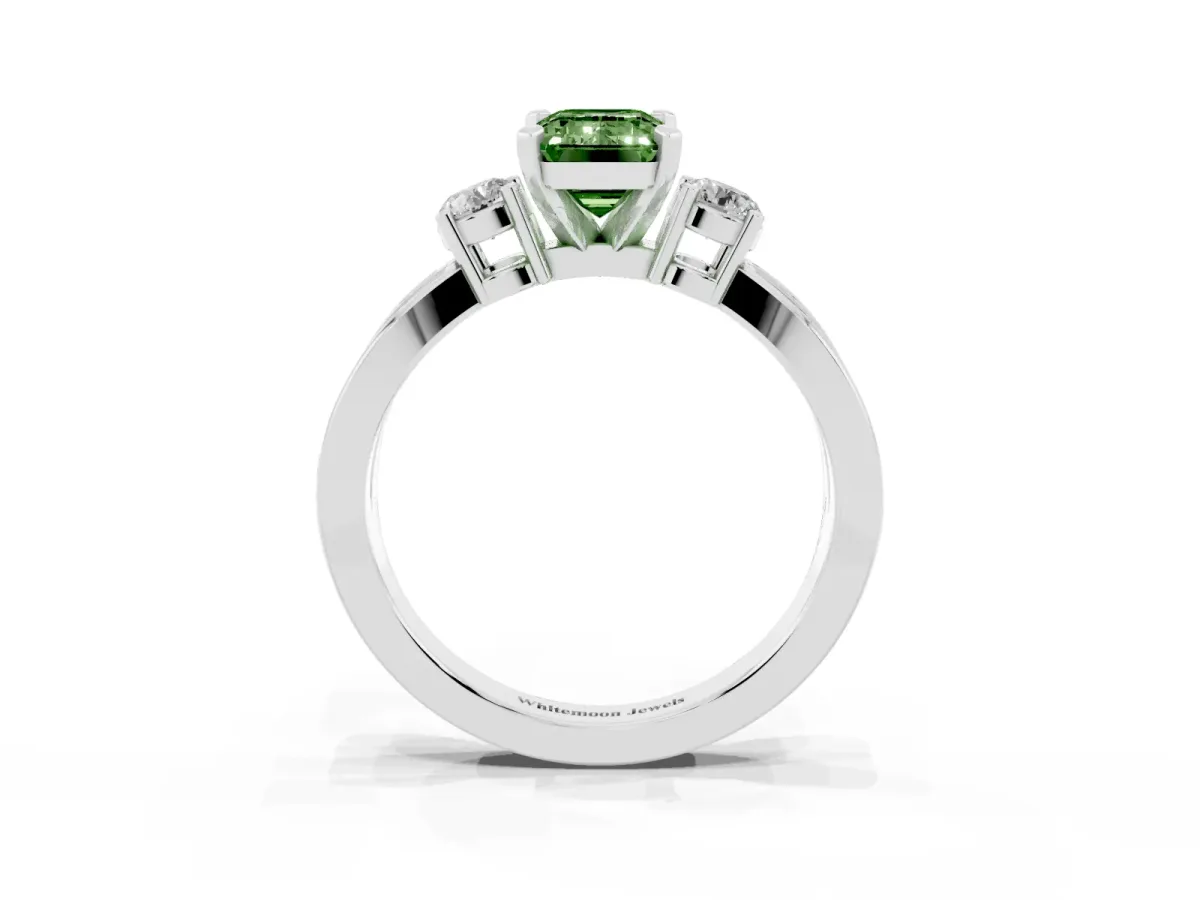 Fancy Green Three-Stone Emerald Cut Cut Diamond Twist Band with Prong Setting Platinum