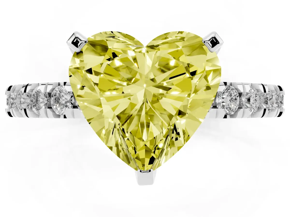 Fancy Yellow Heart Cut Diamond Pavé Band Solitaire with Four-Prong Setting Silver