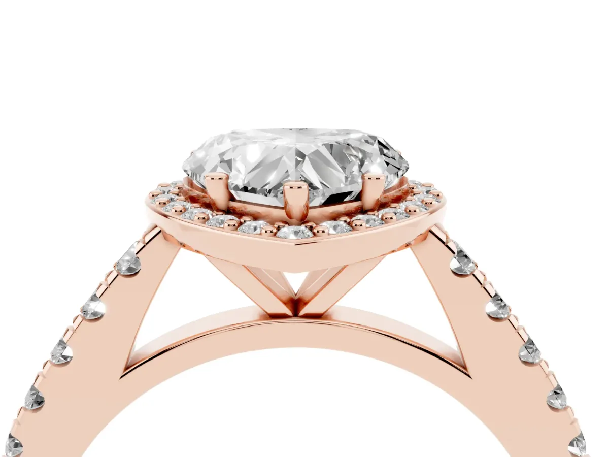 Heart Cut Cut Halo Diamond Engagement Ring with Pave Band and Four-Prong Setting Rose gold
