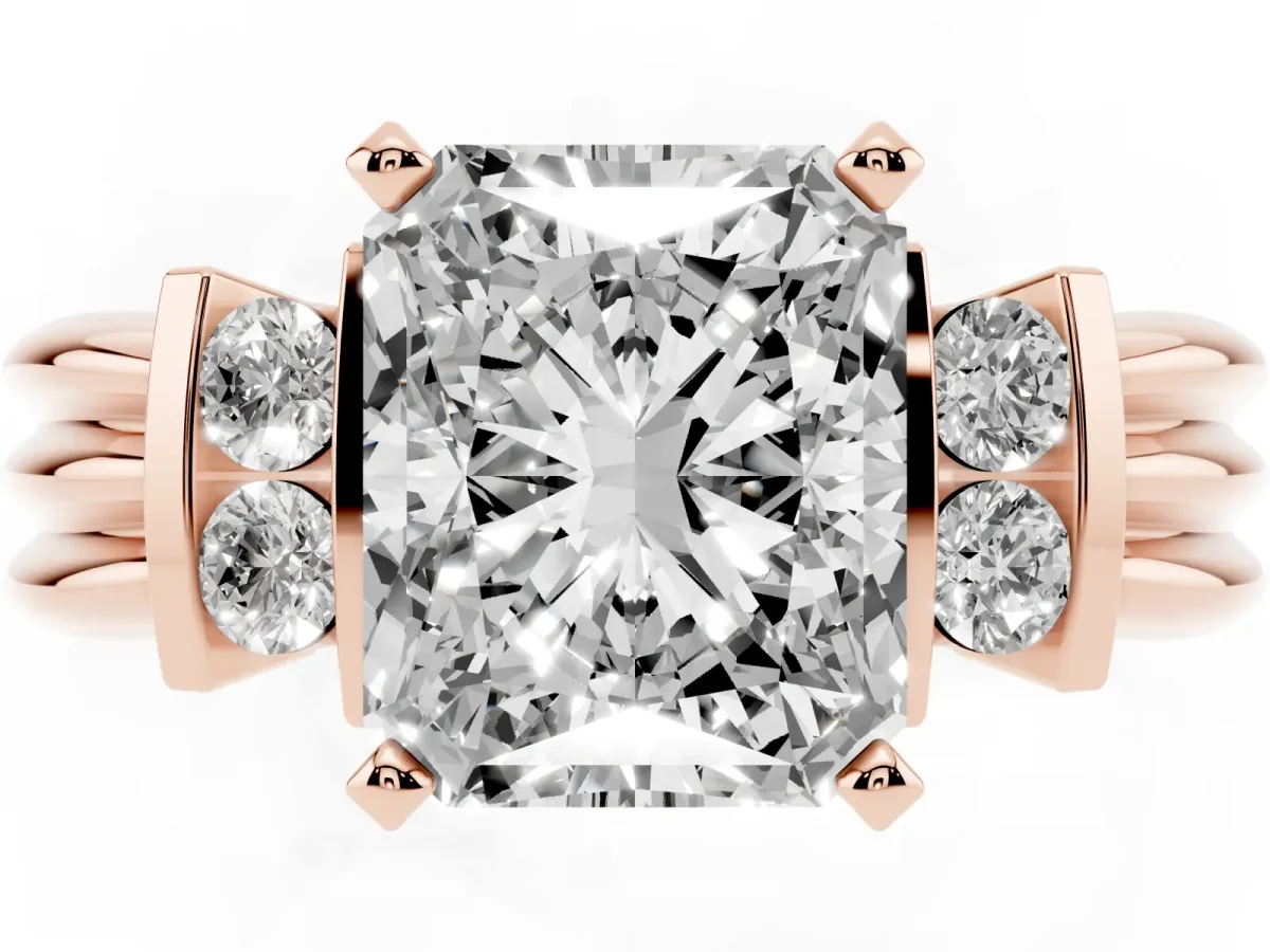 Radiant Cut Cut Three-Stone Channel Set Ring with Bar Prongs Rose gold