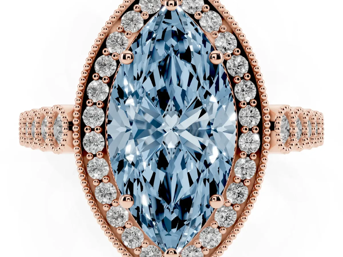 Fancy Blue Marquise Cut Halo Milgrain Solitaire with Bezel Set Side Stones and Pave Band Rose gold