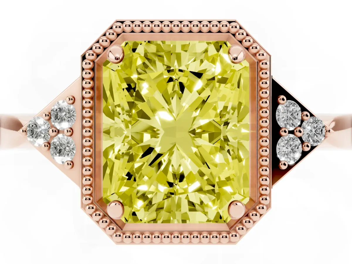 Fancy Yellow Radiant Cut Diamond Halo Ring with Tapered Band and Four-Prong Setting Rose gold