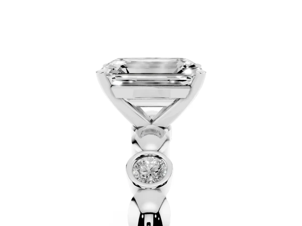 Emerald Cut Solitaire Bezel-Set Diamond Ring with Beaded Band and Four-Prong Setting Silver