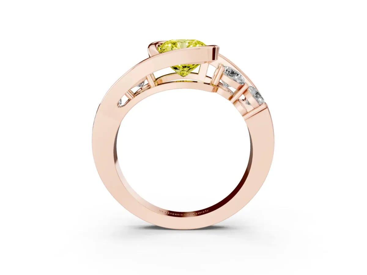 Fancy Yellow Bezel Set Cushion Cut Diamond Bypass Ring with Round Accents Rose gold