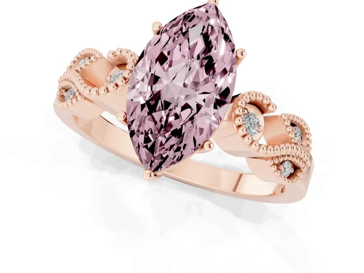 Fancy Pink Marquise Cut Solitaire Milgrain Leaf Band with Prong Setting Rose gold