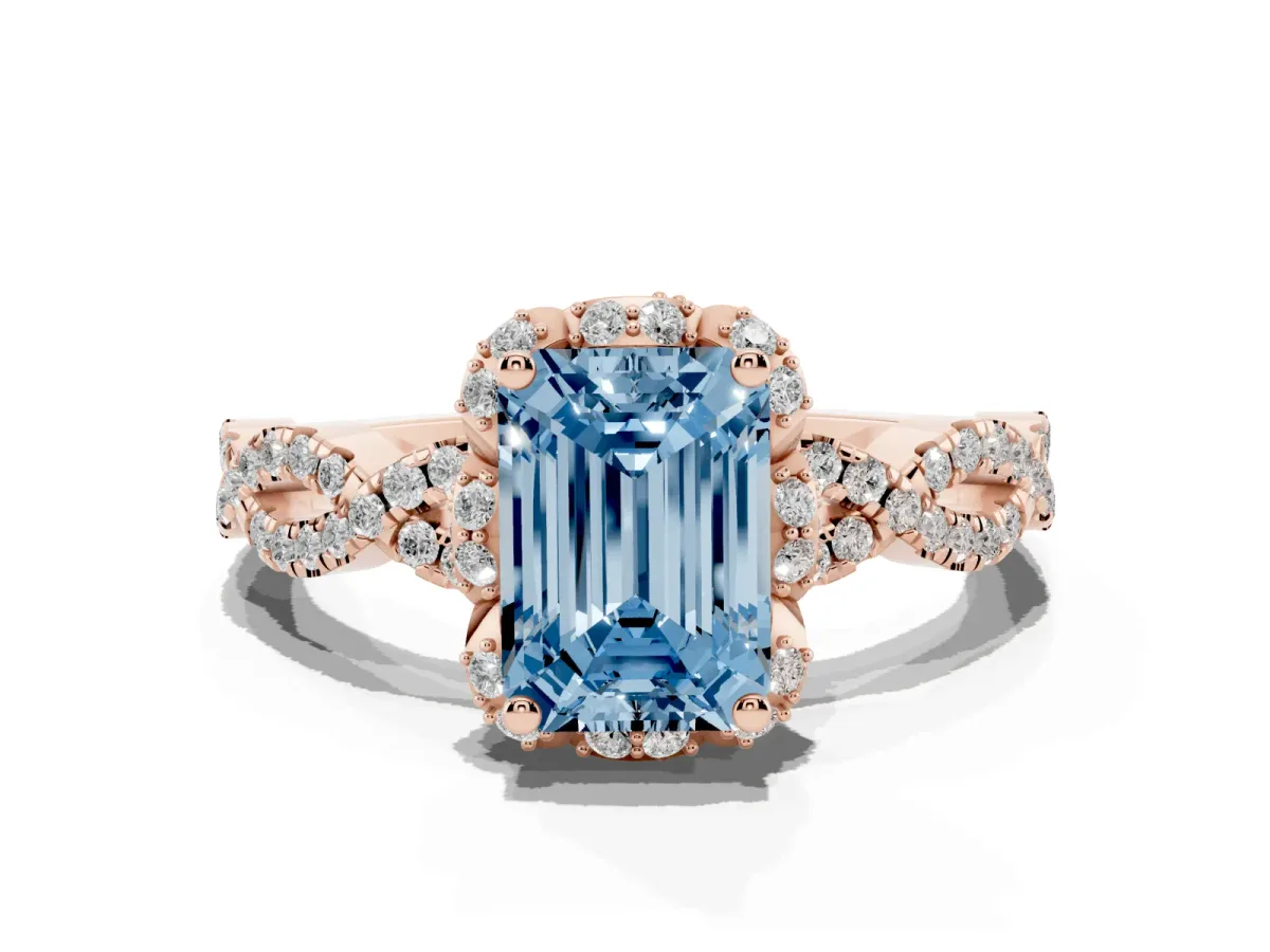 Fancy Blue Emerald Cut Halo Twist Band Solitaire Ring with Six-Prong Setting Rose gold