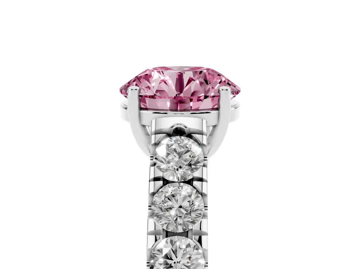 Fancy Pink Round Cut Cut Diamond Solitaire Ring with Micro Pave Band and Prong Setting Silver