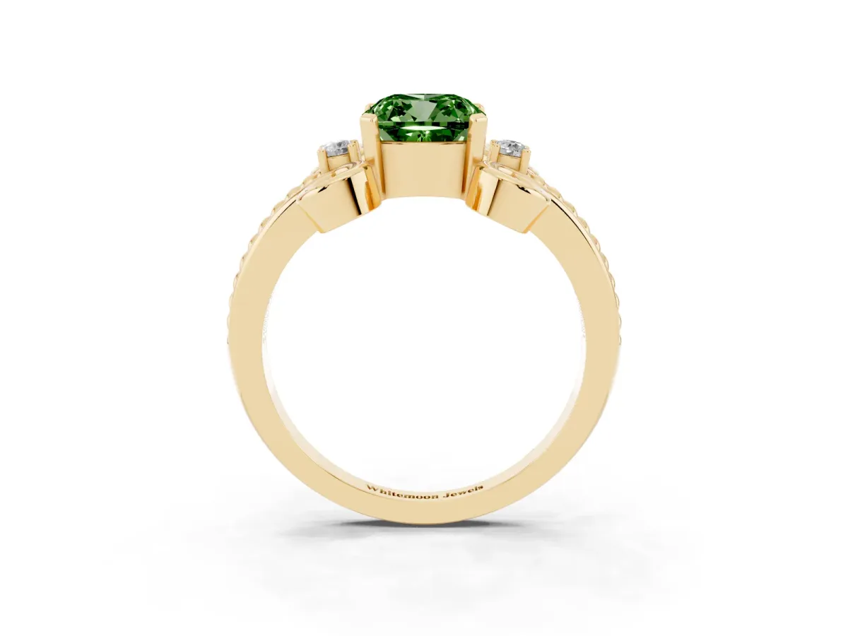 Fancy Green Cushion Cut Solitaire Twisted Band Scroll Prong Ring Yellow gold