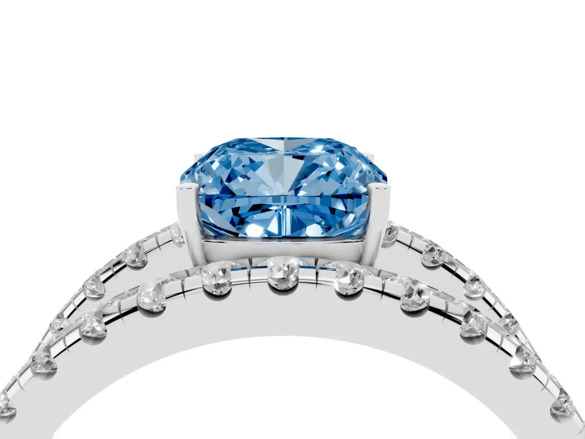 Fancy Blue Cushion Cut Solitaire Split Shank Pave Diamond Ring Platinum